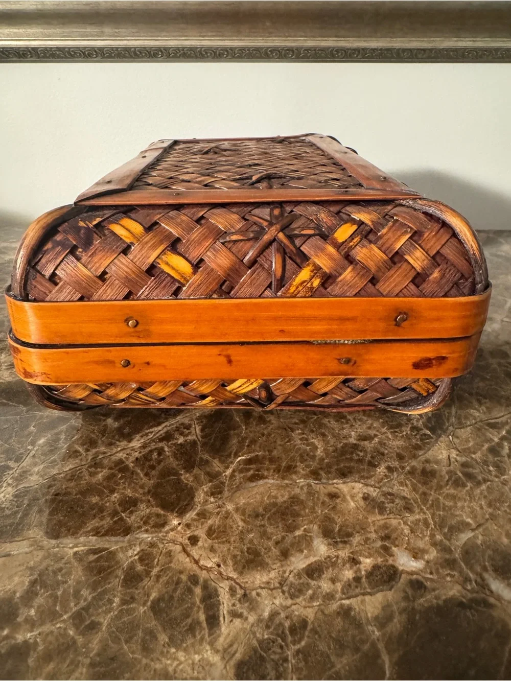 Vintage Woven Wood Storage Box / Trinket Case with Braided Handle